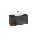 Bild von Villeroy und Boch Finion Waschtischunterschrank F412GNHG 120cm, Abdeckplatte black matt, Regal links Walnut veneer, Midnight Blue Matt Lacquer